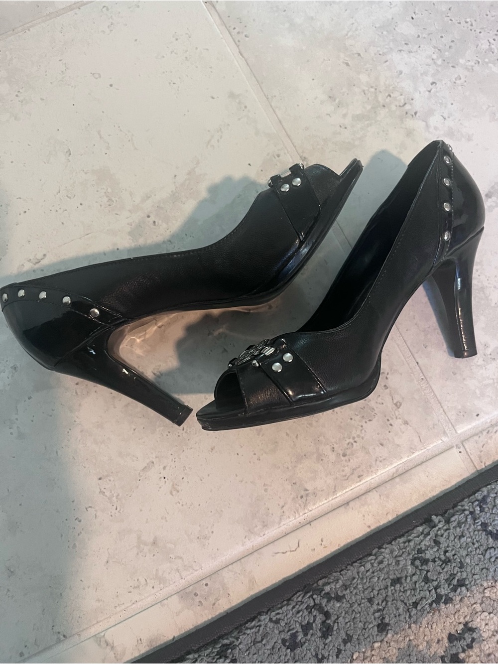 Anne Klein Black Leather Peep-Toe Heels with Silver Medallion - Picture 2 of 3